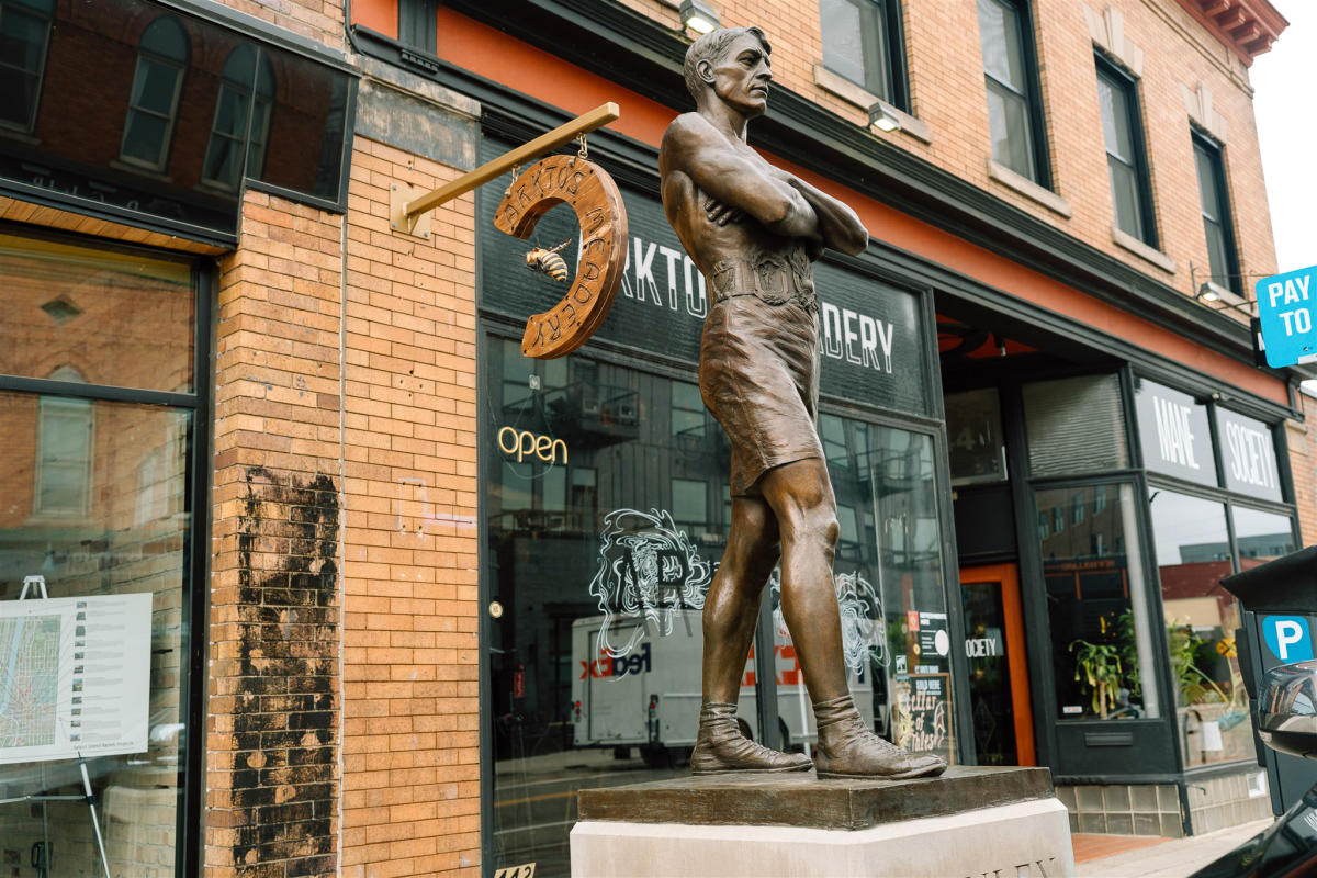 A panoramic view of the Grand Rapids Community Legends Sculpture Tour, where art meets history.